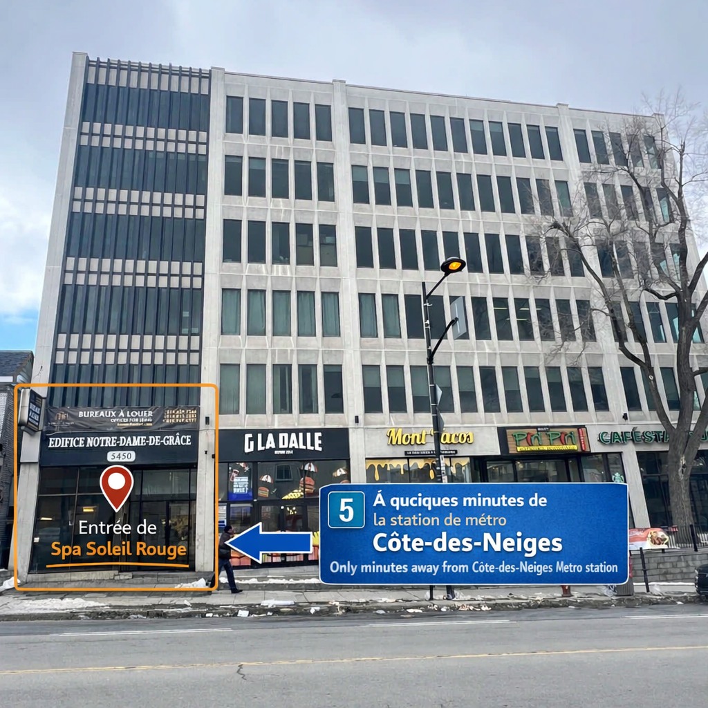 Entrée du Spa Soleil Rouge au 5450 chemin de la Côte-des-Neiges à Montréal